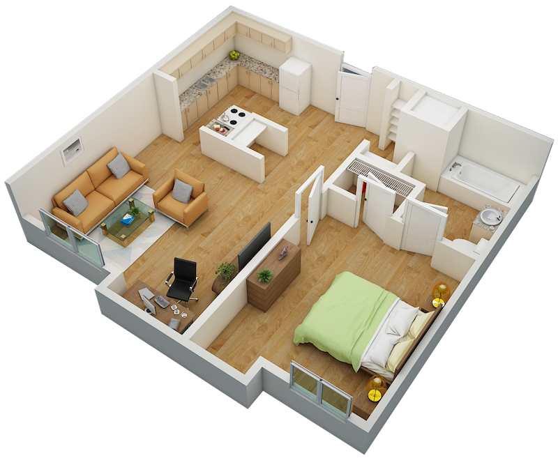 One bedroom floor plan with bathroom, living room, and kitchen at Riverside Park